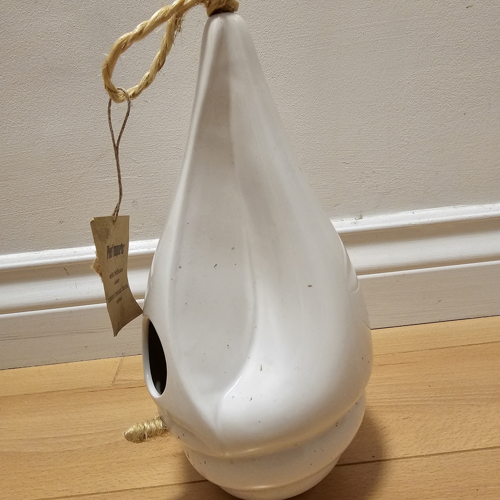 Pier 1 White Ceramic Hanging Birdhouse with Rope Hanger